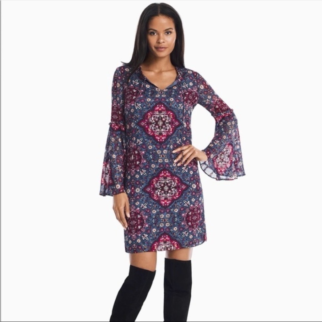 White House Black Market Bohemian China Blue Medallion Print Shift Dress - Large